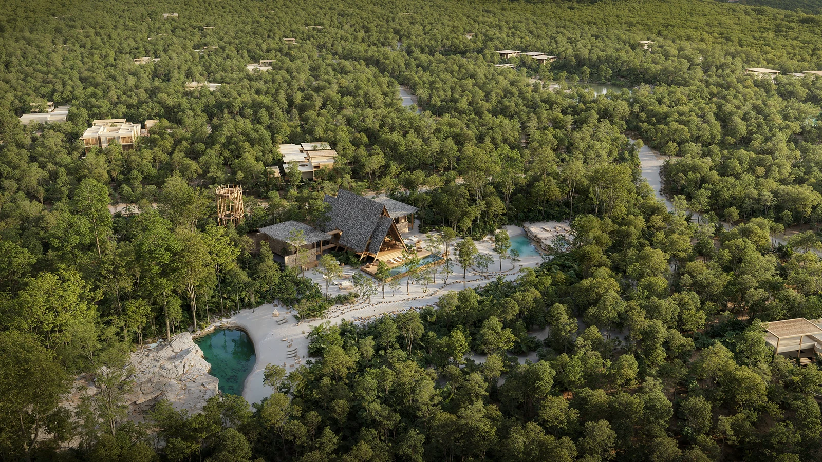 Vista aérea de Selvadentro: residencias entre la selva de Tulum y un cenote