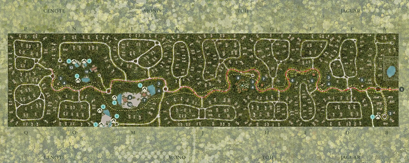 Plan maestro de Selvadentro con los sectores Cenote, Mono, Toh y Jaguar, sus cenotes y amenidades numerados